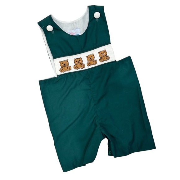Ann + Reeves Teddy Bear Smocked JonJon Green Romper - Picture 1 of 5
